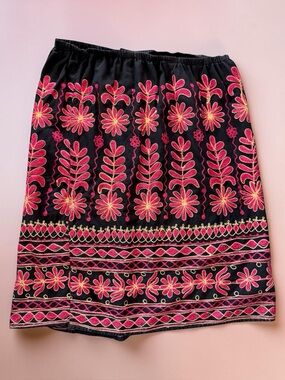 Vtg Red Gold Embroidered Banjara Skirt  Sz 1X Midi Boho Handmade Upcycled